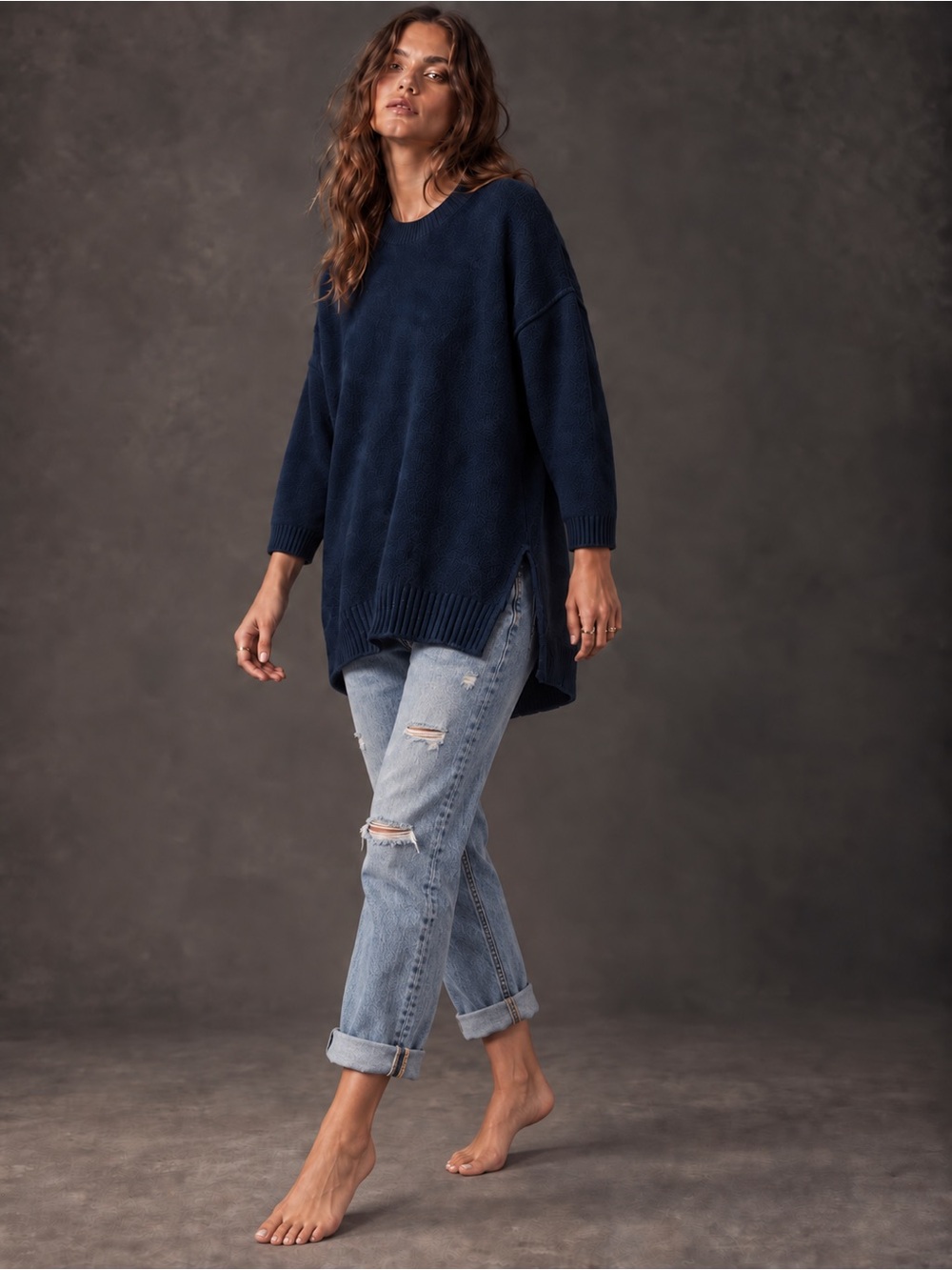 Free People Peaches Navy Oversized High Low Crewneck Sweater | Heavyweight Cozy